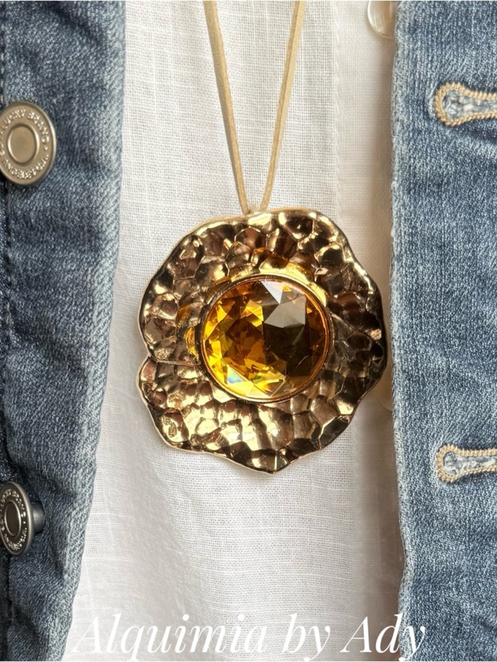 EXAGGERATED Gold-Tone Pendant Necklace with Amber Crystal on Tan Suede Cord - Picture 3 of 3